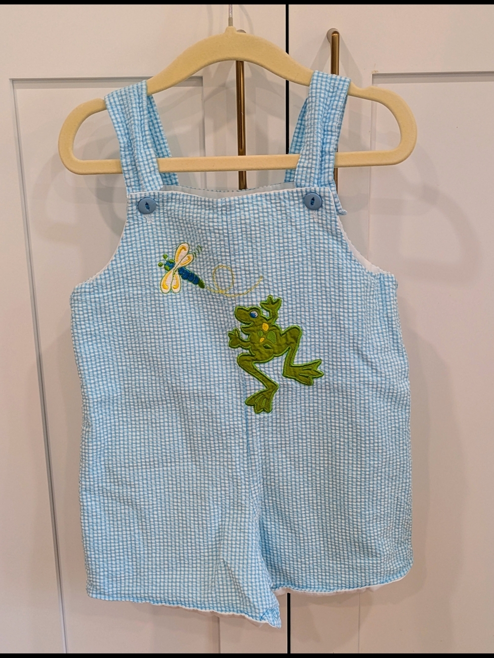 Blue Seersucker Frog Appliqué Toddler Shorteralls